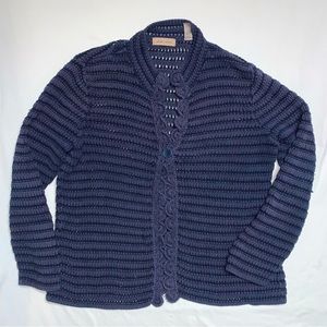 Navy Blue Cardigan Sweater Womens Large Chunky Knit Scalloped Edge Preppy Winter